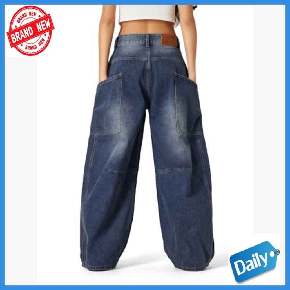 Men's Wide Leg Barrel Cut Jeans with Big Pockets, Unisex Streetwear - Picture 4 of 7